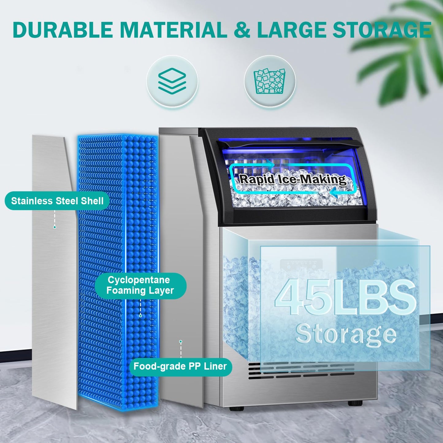 Commercial Ice Maker Machine, 150Lbs/24H with 45Lbs Large Ice Capacity, 55Pcs Clear Ice Cubes Ready in 8-15Mins, Freestanding Stainless Steel Ice Making Machine for Home Party Bar