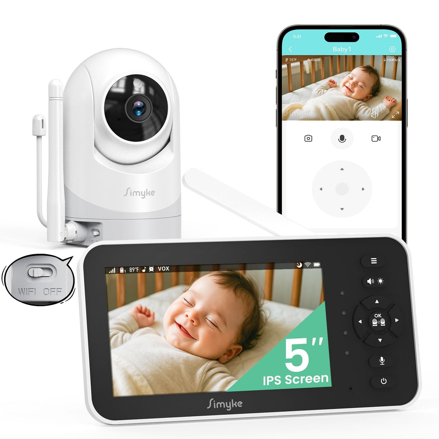 Simyke Video Baby Monitor with Camera and Audio,5inch Screen,720P,No Wifi or Free Smartphone App Mode,Remote Pan/Tilt/Zoom Camera,Lullabies,Feeding Remind,Night Vision,VOX,2-Way Talk,1500ft long Range