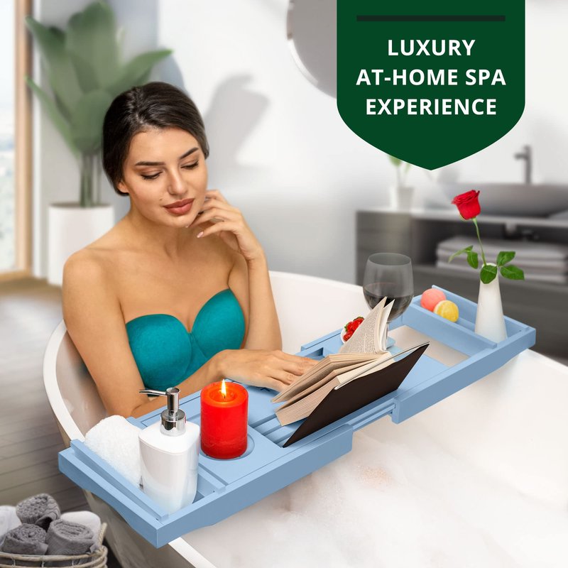 ROYAL CRAFT WOOD Luxury Bathtub Caddy Tray, One or Two Person Bath and Bed Tray, Bonus Free Soap Holder (Blue)