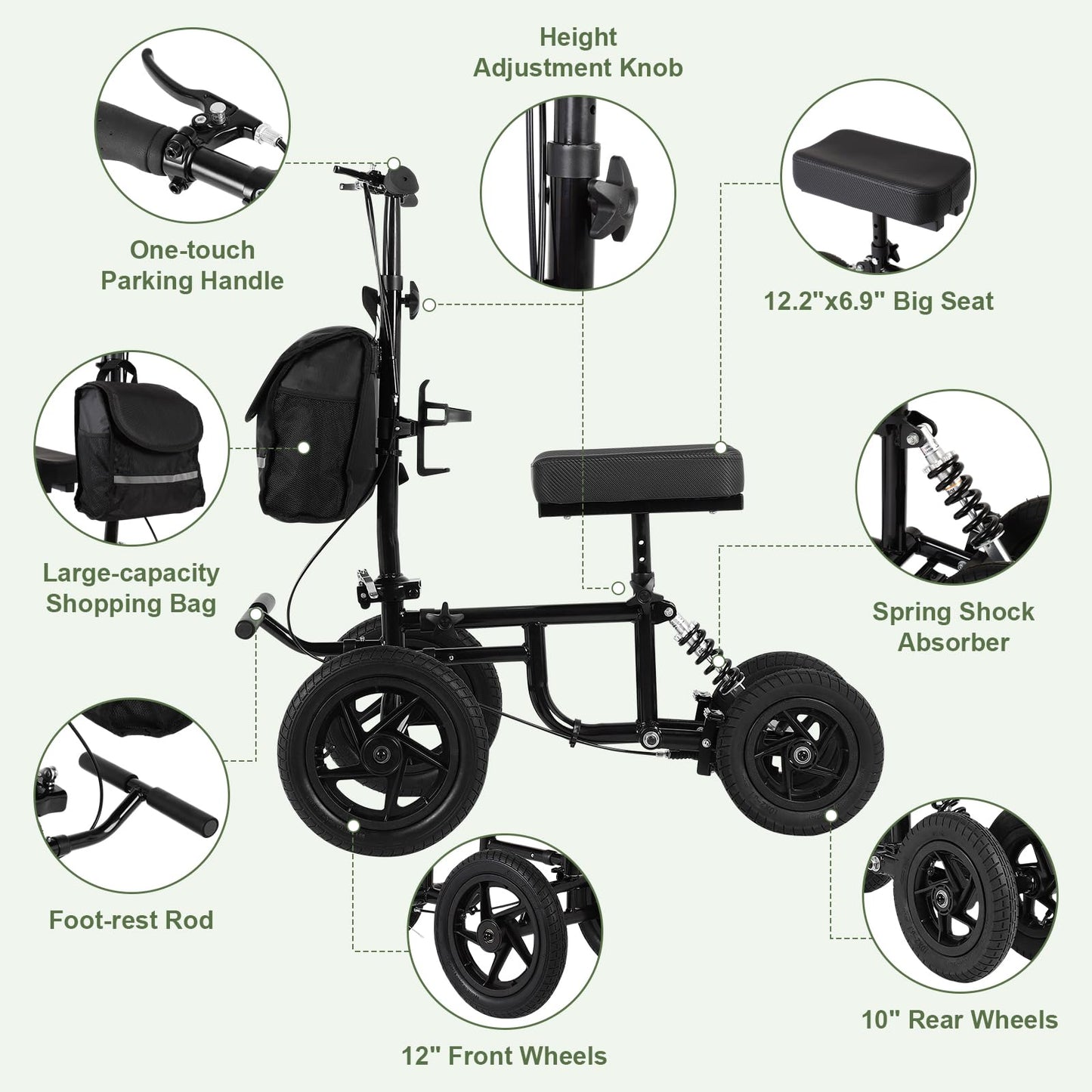 FAHKNS Mobility All Terrain Knee Scooter Walker for Foot Injuries: Adult Broken Leg Crutch Cart Roller for Surgery,Broken Foot,Ankle Injury,Kneeling Rolling Steerable Seated Wheel Scooter