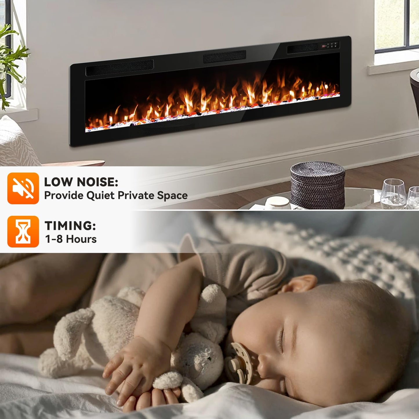 Tornivk 72 Inch Electric Fireplace Inserts Ultra-Thin 750/1500W Linear Electric Fireplace Heater Wall Mounted or Recessed Fireplace Electric with Adjustable Multicolor Flame,Timer