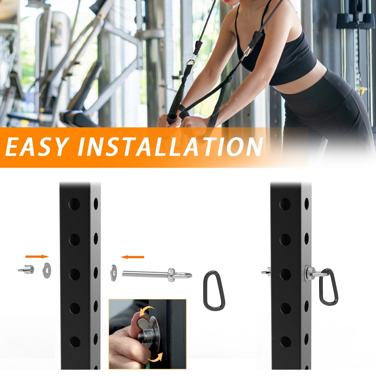J Bryant Heavy Duty Rack Anchor – Stainless Steel Resistance Band Pegs with Large Carabiner for 5/8" & 1"" Power Rack – Multi-Purpose Attachment for Strength Training & Gym Equipment Storage"