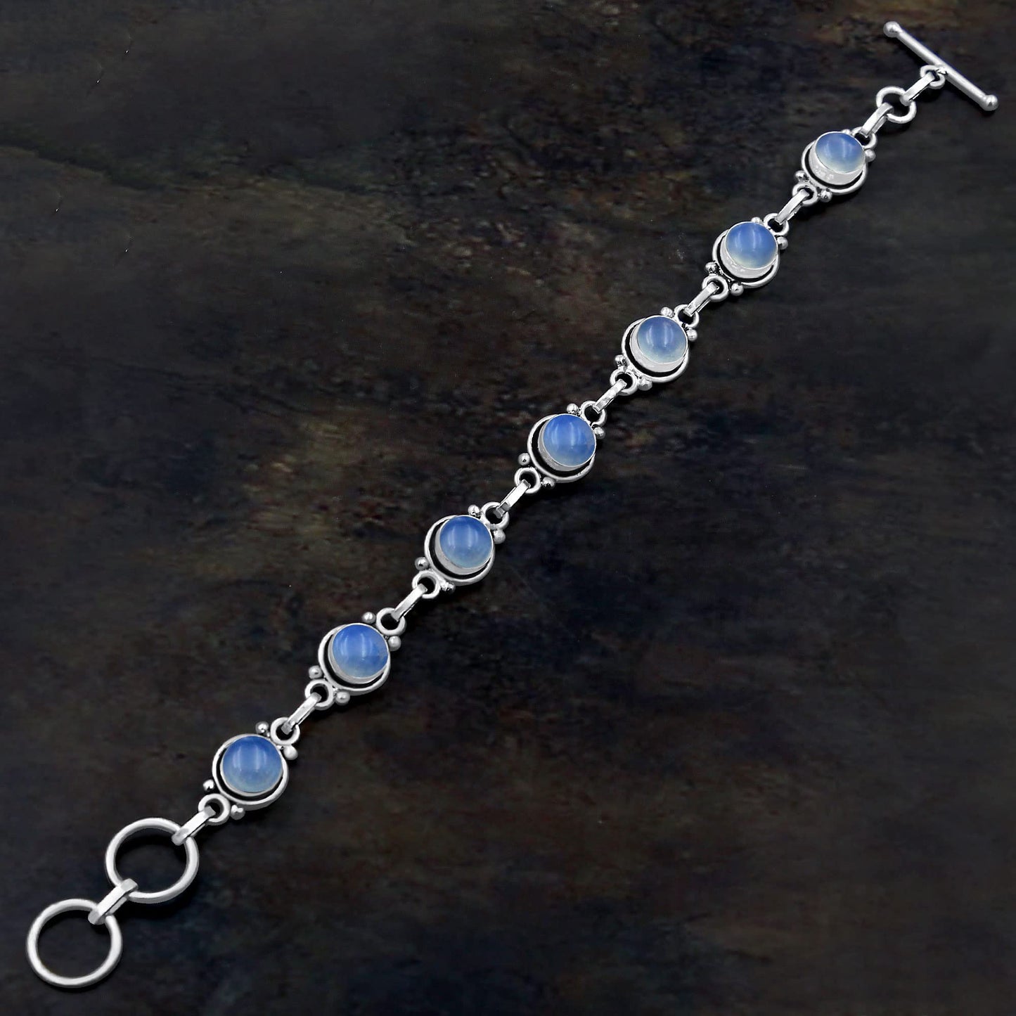 Synthetic Opalite 925 Silver Plated Round Gemstones Adjustable Bracelet for Women - Vintage Bohemian Style Handmade Link Bracelet - Wedding Gifts for Mom Wife Her