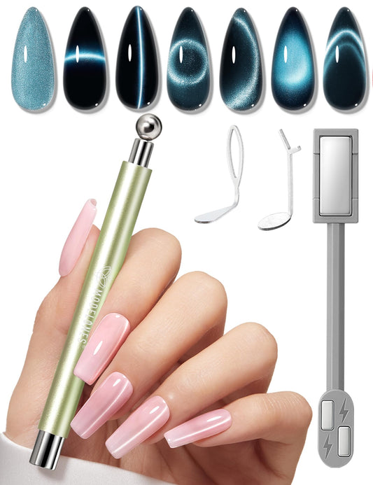 modelones Cat Eye Magnet for Nails, 3-in-1 Green Cateye Gel Polish Magnet Pen & Heart-Shaped Magnet for Nail Art & Ball &Hole &Lightning Magnet, Multi-Effect Magnets for Nail Art Lovers DIY Salon