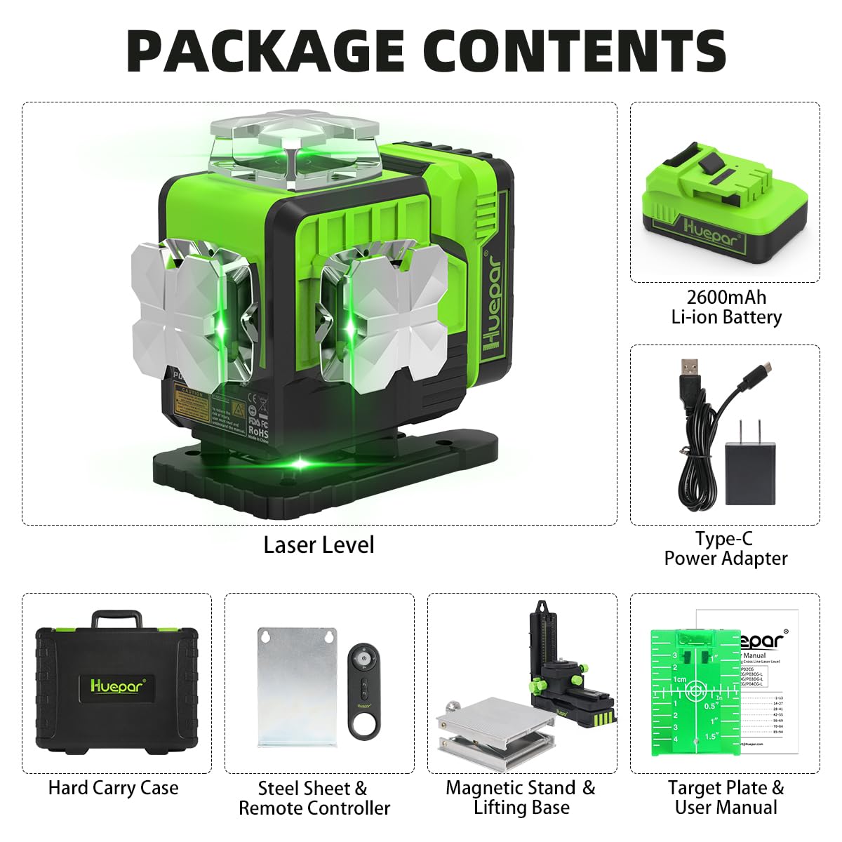 Huepar 12V 4x360 Laser Level Self Leveling with Bluetooth and Remote Control, 4D Green Cross Line Laser, 16 Lines Lazer Leveler Tool for Construction, Upgrraded Bracket, Removable Battery P04CG