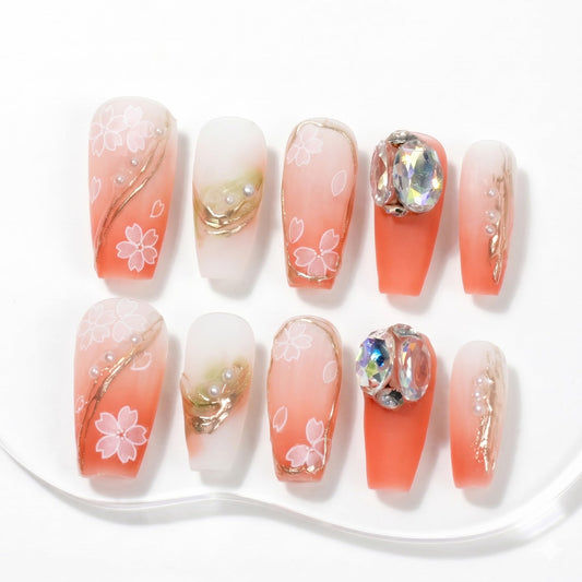 Sun&Beam Nails Handmade Press-On Nails Medium Ballerina Coral Pink Cream White Cherry Blossom Pearl Gold Line Glossy False Nails 10 Pieces (#062 M)
