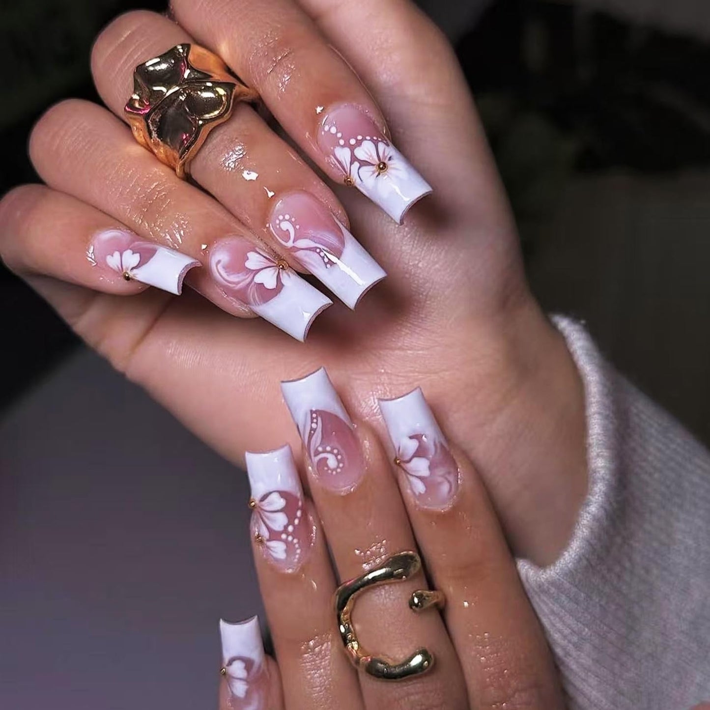 IMSOHOT Press on Nails Long Square Fake Nails White French Tip Glue on Nails with Flower Designs Full Cover Acrylic False Nails for Women Nail Decorations