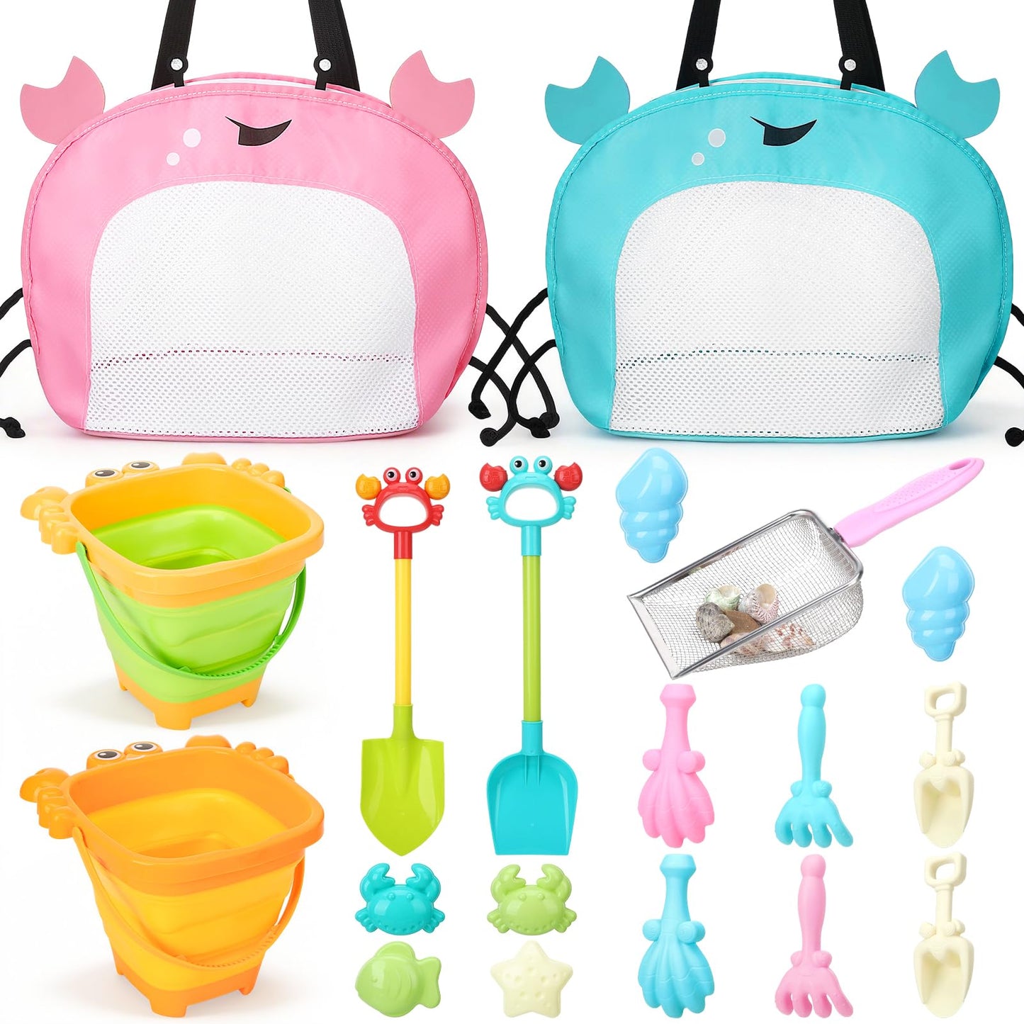 Guiqulai Summer Beach Toys Set for Kids Collapsible Sand Bucket Shovels Crab Molds Mesh Bag Outdoor Sandbox Water Play Toys for Boys Girls Travel Essential