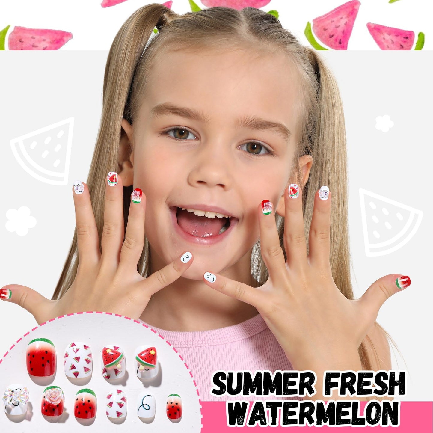 FANDAMEI Press on Nails for Girls, 6 Styles 144PCS Press on Nails for Kids, Little Girl Nails Press on Short Round with Nail Charms and Gems, Fake nails for Kids, Girls with Adhesive Tabs
