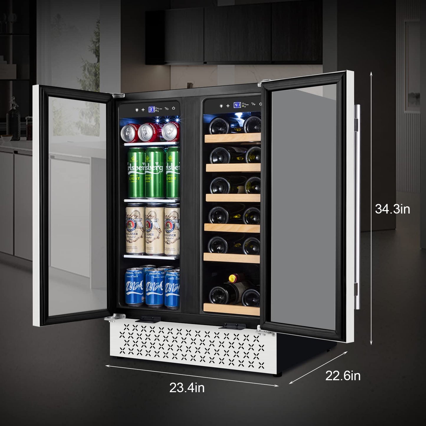Tylza Wine and Beverage Refrigerator, 24 Inch Dual Zone Wine Fridge, Holds 18 Bottles and 88 Count, French Doors, Lock, Under-counter or Freestanding Wine Cooler, Beverage Fridge with Tempered Glass