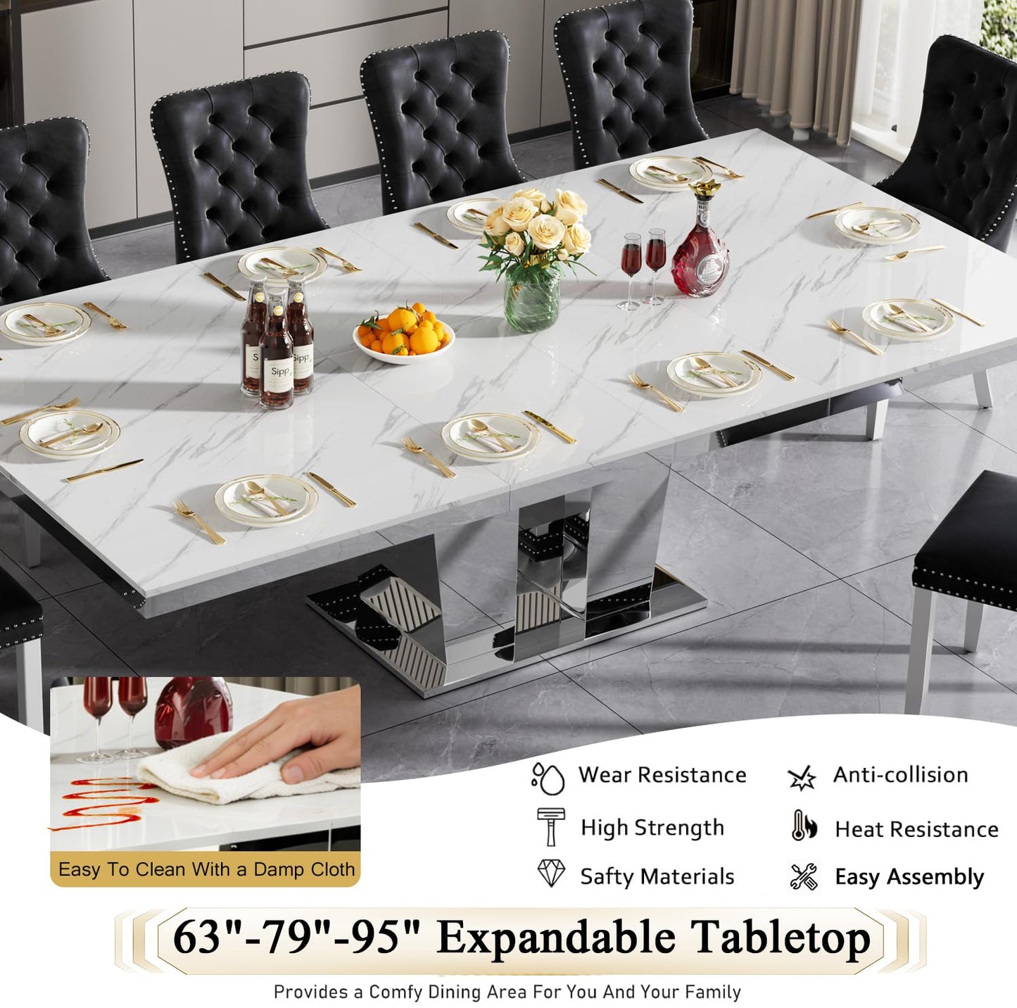 7-Piece Faux Marble Dining Table Set for 6, 63-94.5" Large Extendable Kitchen Table Set with 6 Grey Tufted Chairs, Modern Expandable Dining Room Table for 6 8 10 with Mirrored Double Column Base