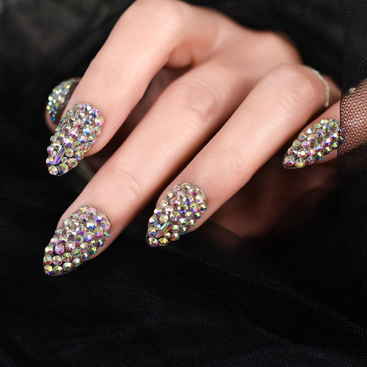 Elevenail Handmade Nails 24pcs Full Cover 3D Rhinestones Press On Nails Almond Medium Length Nails Women Girls Gifts Salon Manicure Shiny Crystal Nail Art Tips Fake Nails Reusable Acrylic False Nails