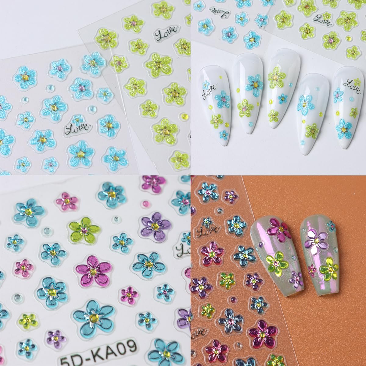 3Pcs Flower Nail Art Stickers 5D Embossed Summer Nail Decals Blue Green Pink Petal Flowers Designs Soft Gel Nails Sticker Spring Floral Self Adhesive Nail Art Supplies DIY Acrylic Nails Accessories