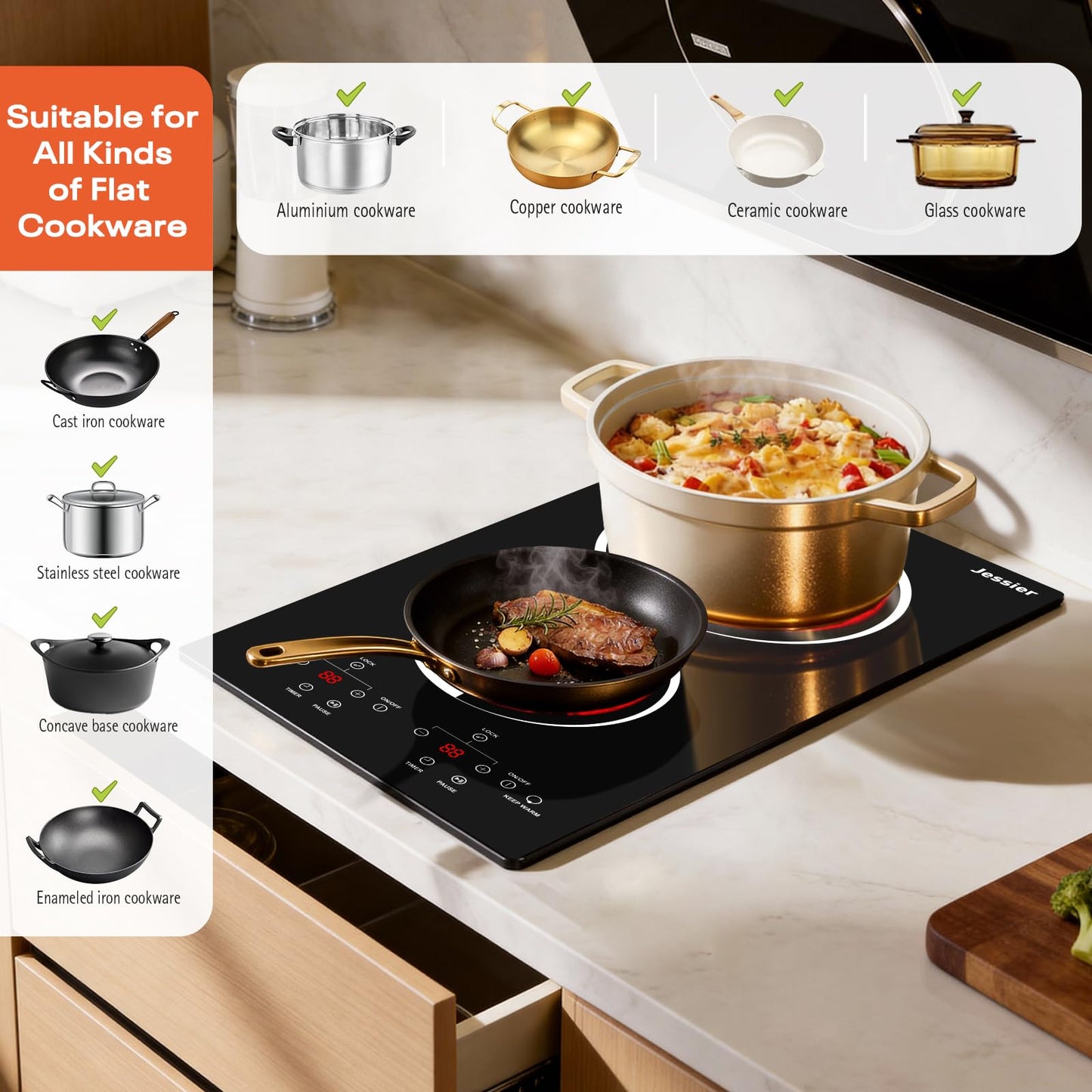 Jessier 2 Burner Electric Cooktop - 12 Inch Countertop & Built-in Electric Stove Top, 120V Plug in Electrical Cook Top, Timer, Safety Lock, Over-Temperature Protection, Sensor Touch Control