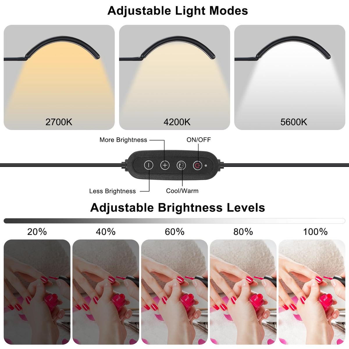 ZEKAHOV Professional Half Moon LED Desk Light for Nail Techs & Artists – Flexible Gooseneck Lamp with Clamp, 3 Color Modes & 5 Brightness Levels for Manicure, Tattoo, Beauty Work