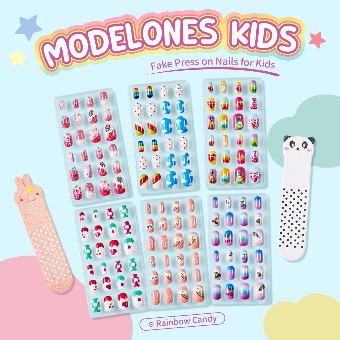 Modelones Press on Nails for Kids 144Pcs 6 Pack Children Acrylic Fake Nails Pre-glue Full Cover Glitter Gradient Color Rainbow Candy Short False Nail Kits Sets Thanksgiving Christmas Gifts for Girls