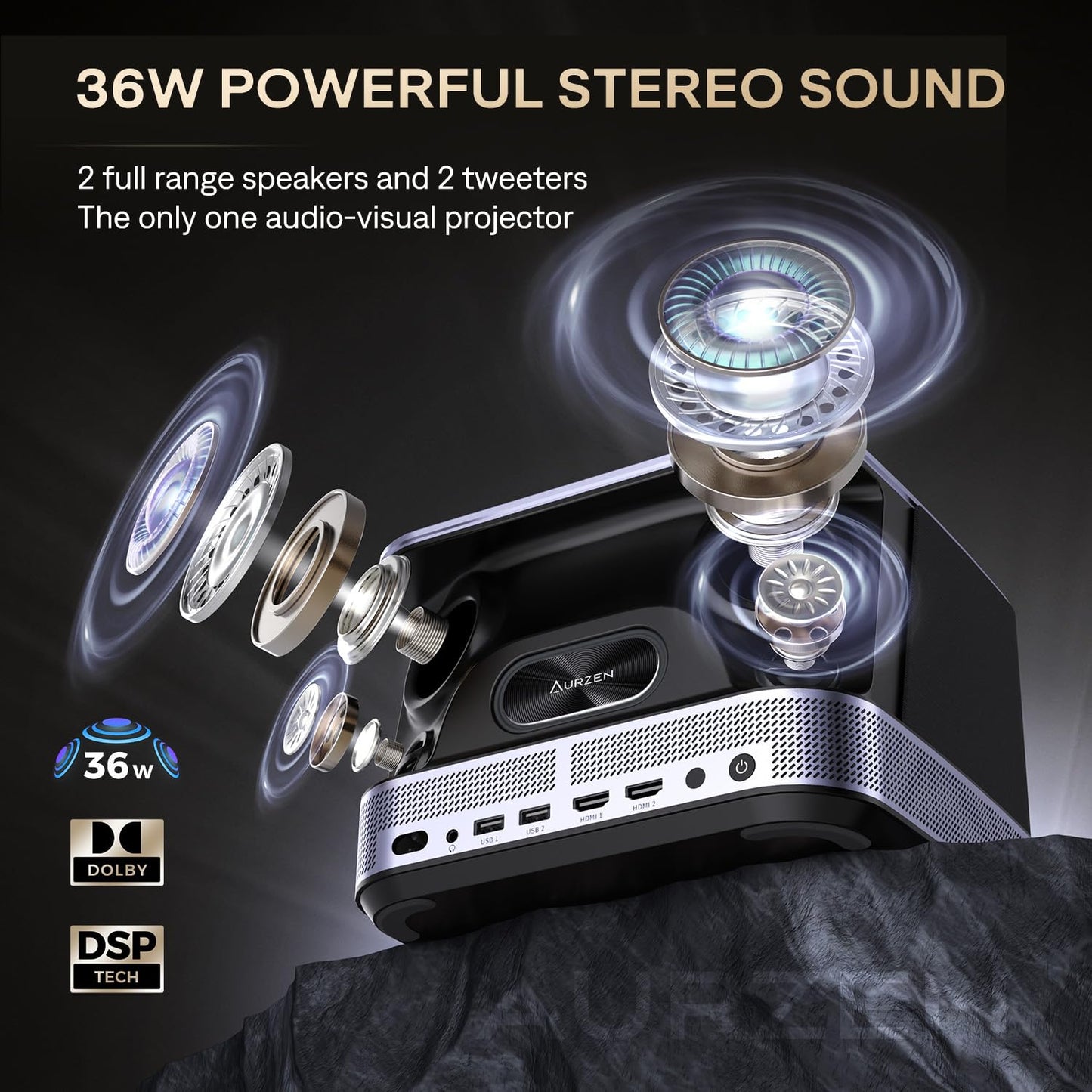3-in-1 Projector 4K Supported, AURZEN BOOM 3 Smart Projector with WiFi and Bluetooth, 3D DoIby Audio & 36W Speakers, Auto Focus & Keystone, Built in NetfIix App 500 ANSI Home Outdoor proyector, Black