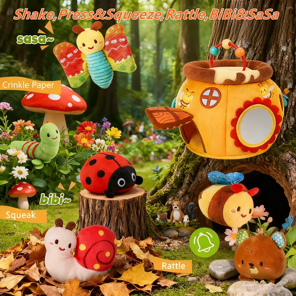 Baby Toys 6-12 Months- Surprise Soft Barn with Stuffed Animals, Rattle, Crinkle Paper, Squeaker, Mirror, Busy Montessori Soft Toys for Toddlers 0-3 Years Old, 1 Year Old Boy Girl Gifts