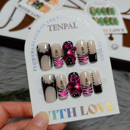 TENPAL Purple Leopard Print French Tip Handmade Press on Nails Medium Coffin 3D Steel Bead Hand Painted Sweet Sexy Reusable Salon Acrylic False Nails for Women Daily Wear 10PCS(L)