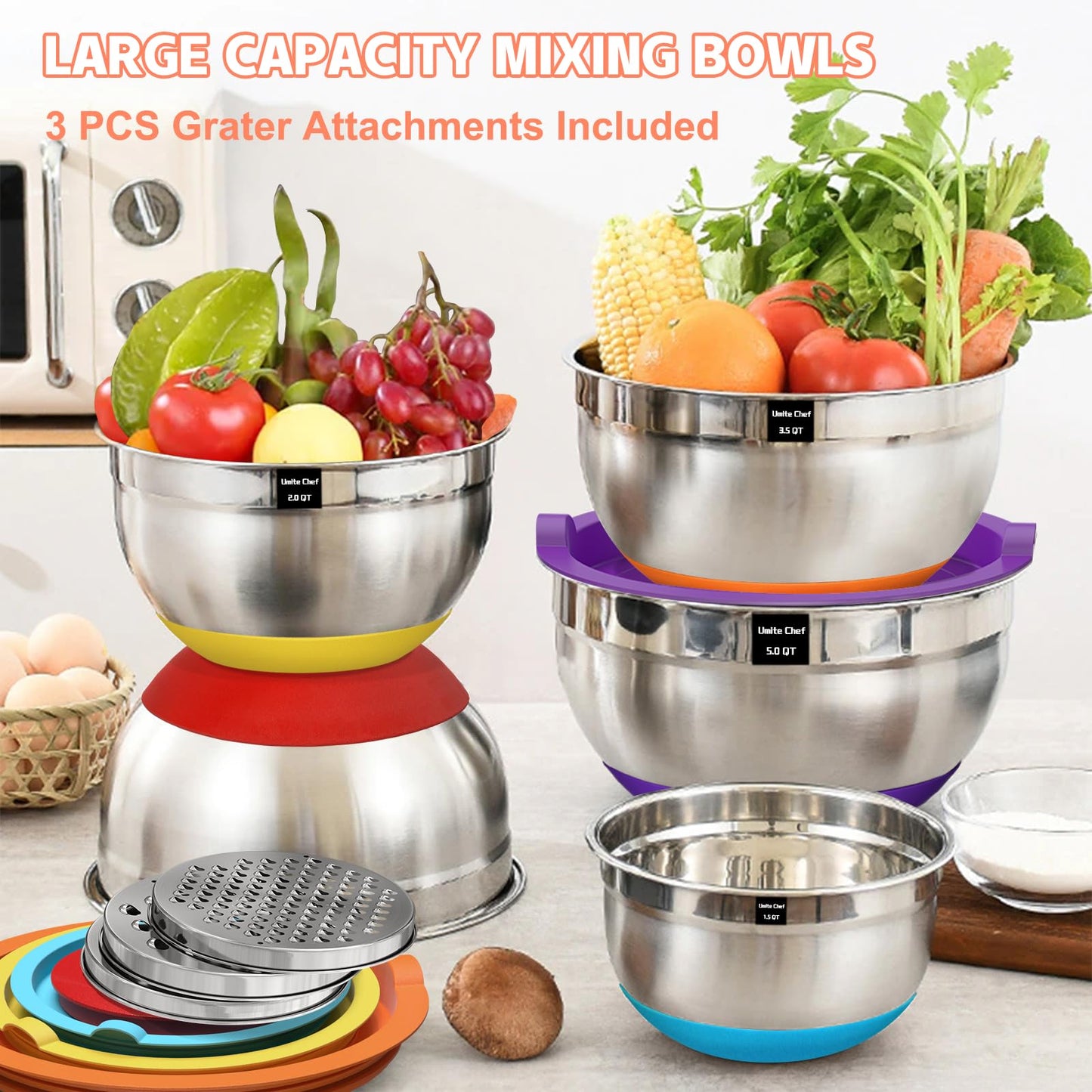 Umite Chef Mixing Bowls with Airtight Lids Set, 8PCS Stainless Steel Nesting Bowls Set, 3 Grater Attachments & Non-Slip Bottoms, Size 5, 4, 3.5, 2, 1.5QT for Baking & Mixing(Colorful)
