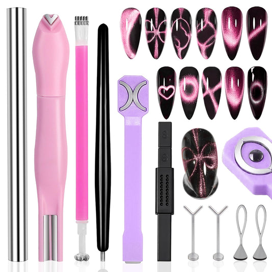 WOKOTO 6 Pcs Cat Eye Nail Art Magnet Pen Set with 4 Y/O Iron Stencils, Multi-Styled Cat Eye Magnet Tools for Heart Ring French Tip Cat Eye Nails, Beginner-Friendly DIY Nail Kit, Salon-Quality Tools