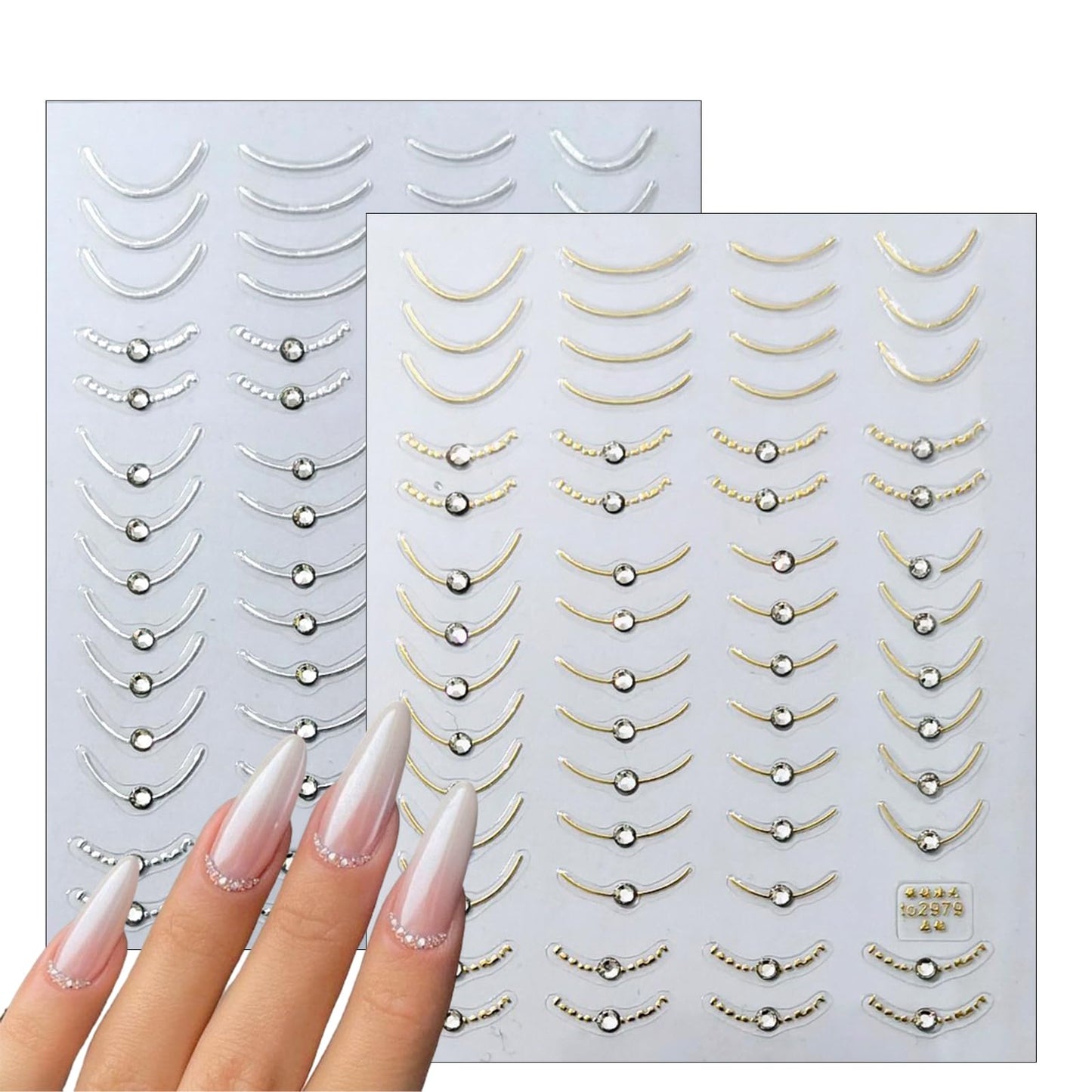 2 Sheets French Line Nail Art Stickers - 5D with Crystal Diamond Nail Stickers Simple Gold and Silver Line Nail Decals French Nail Designs Women's Nail Art Decoration