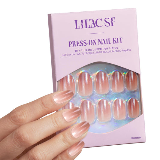 Lilac St - Press On Nails, Blush Touched (30 Nails, 15 Sizes) - Medium, Round, Pearl + Glossy, Opaque - Brush On Nail Glue, Nail File, Cuticle Stick, Prep Pad - Cruelty Free, Vegan, Women Founded