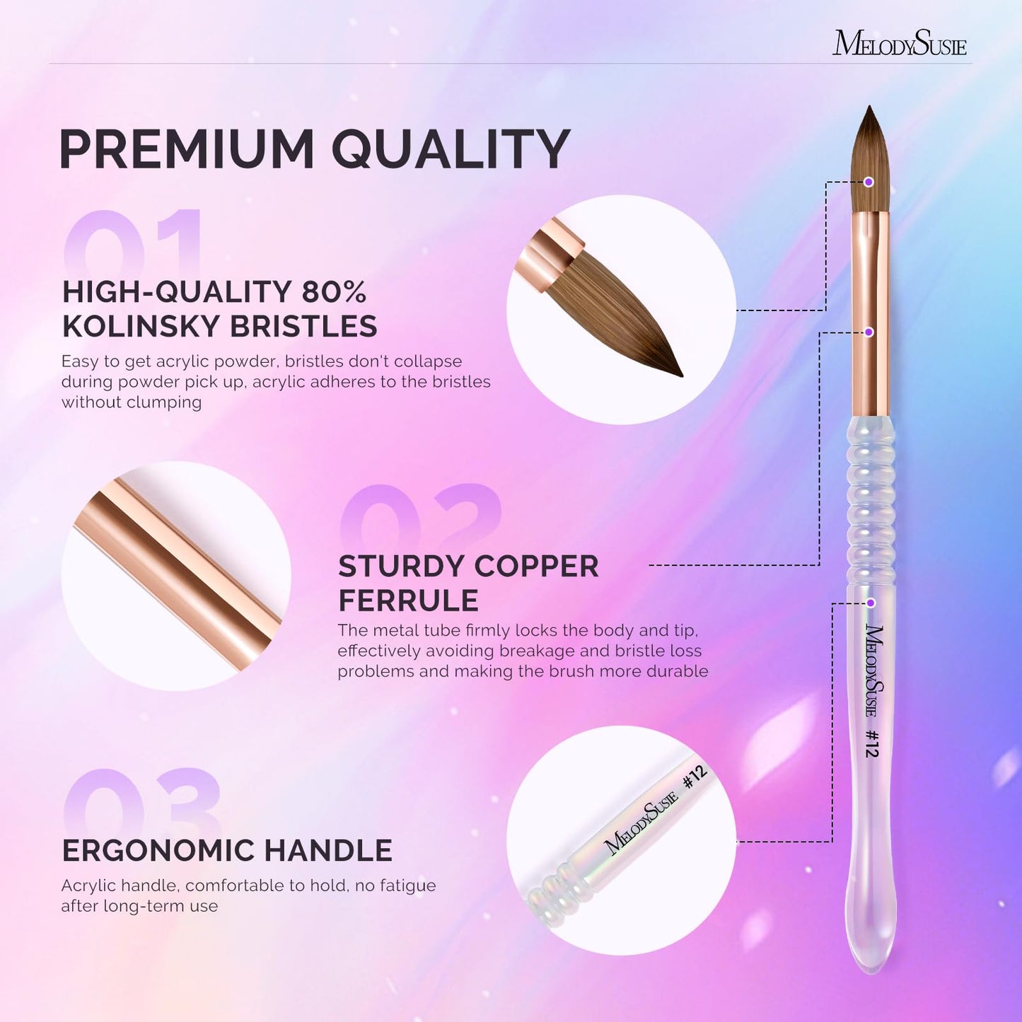 MelodySusie Kolinsky Acrylic Nail Brush, 80% Pure Kolinsky Hair, Professional Nail Brush for Acrylic Powder Nail Extension and 3D Nail Carving, Nail Art Tools for DIY Home Salon, Size 12