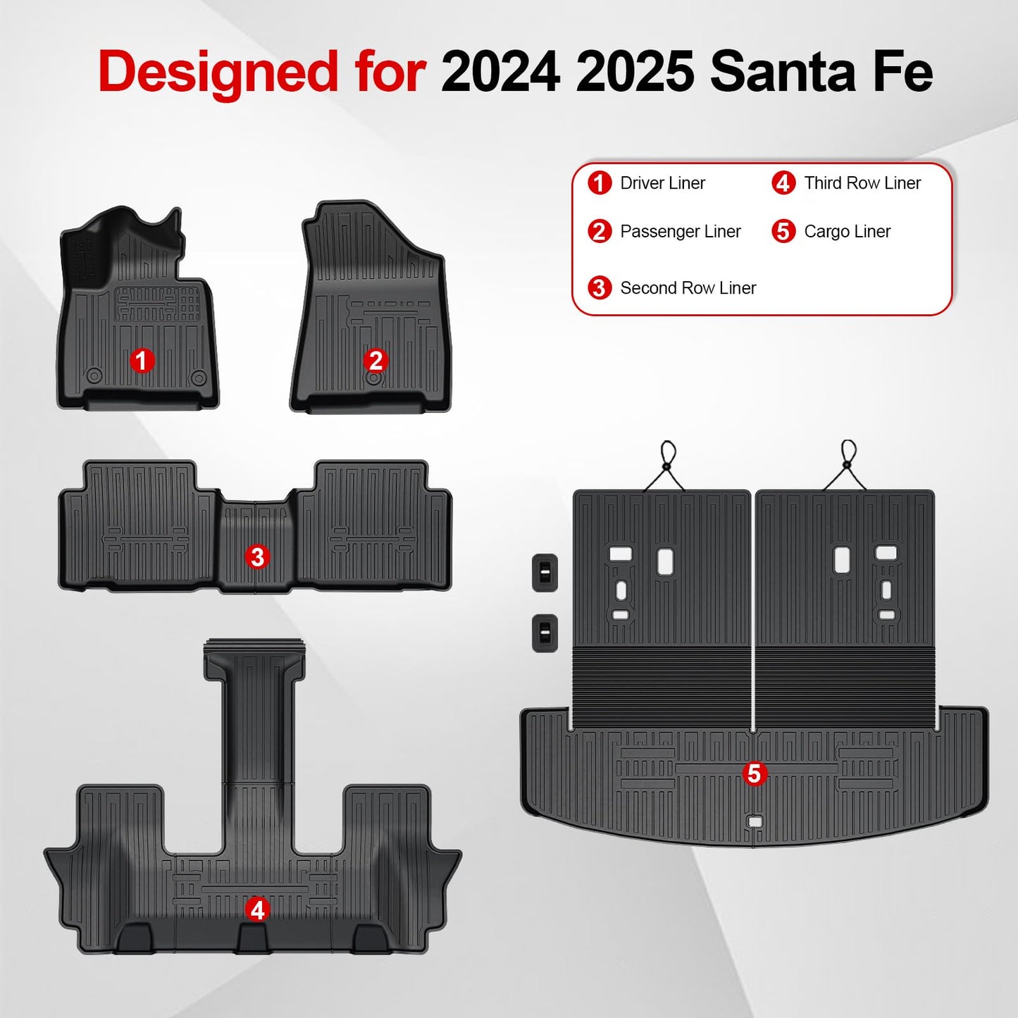 HOUCLEMIC Floor Mats for 2024 2025 2026 Hyundai Santa Fe (Fit Hybrid and Gas), TPE All Weather Protection Durable Trunk Cargo Mat with Backrest Mat for Hyundai Santa Fe