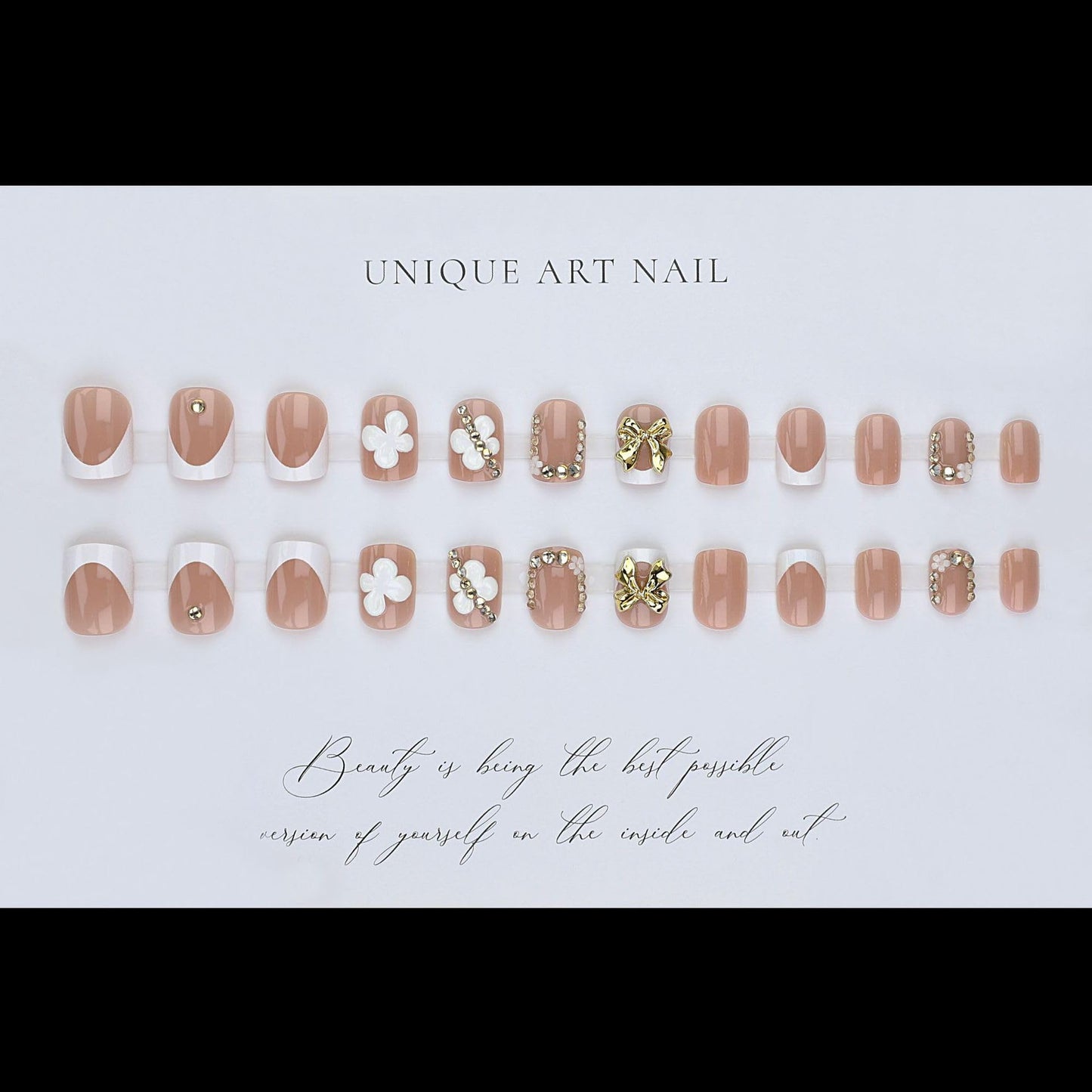 plalely Square Press on Nails Short Nude Fake Nail 3D Flowers Charms Acrylic Nail Press ons Gold Bow Stick on Nail for Women 24pcs