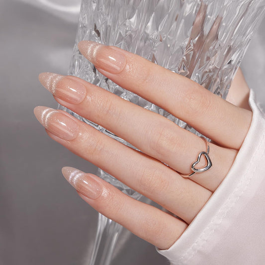 VSALON Almond Medium Press On Nails, Nude Radiant Cat Eye French Tip Sheer Finish Clean Look, Light-Curable 4-Weeks Wearing, Shimmer Nails Kit with Glues - 32 pcs in 16 Sizes