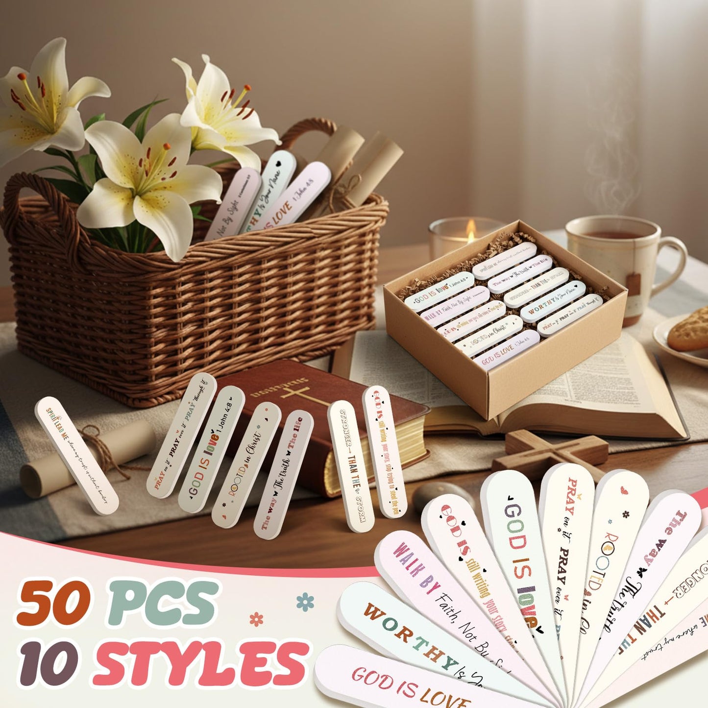 Lanties 50 Pcs Christian Gifts for Women Bulk Christian Nail File Bulk with Bible Scripture Religious Gift Mini Emery Board Nail Files for Teacher Employee Appreciation