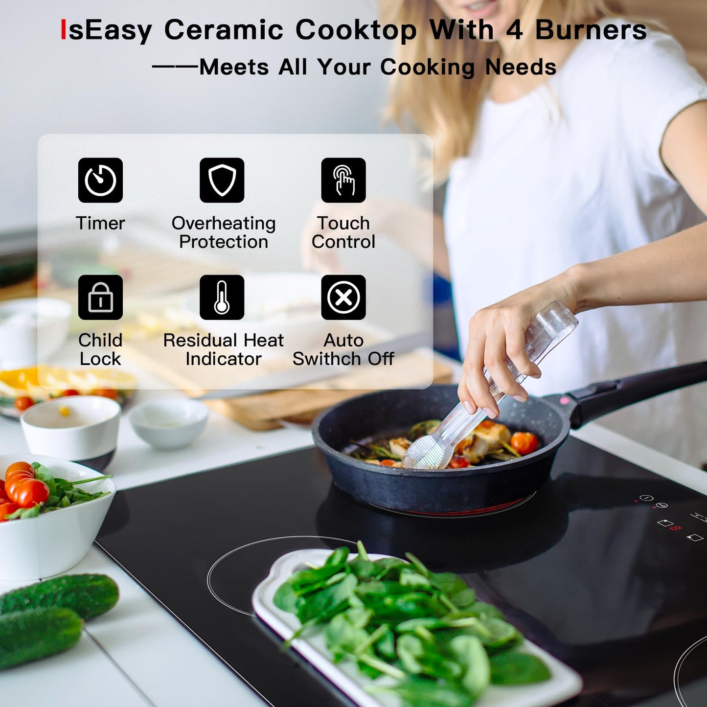 IsEasy 30-inch Induction Cooktop, 4 Burner Built-In Electric Cooktop, Drop-in Glass Cooker With Touch Control, 9 Power Levels, Child Safety Lock, Timer, 6800W