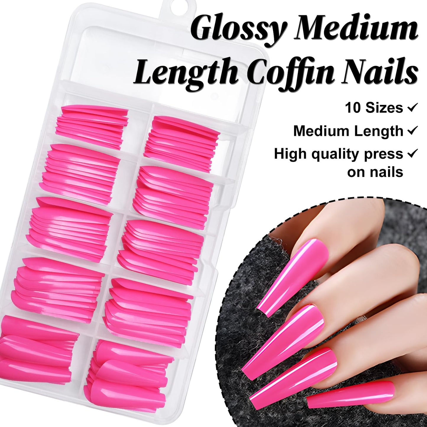 Lifextol Long Coffin Press on Nails Press ons, 100pc Hot Pink Press on Nails Long Fake Nails, XL Coffin Nails Full Cover Acrylic Pink Nails Colored Ballerina Press on Nail Long for Women Girls DIY