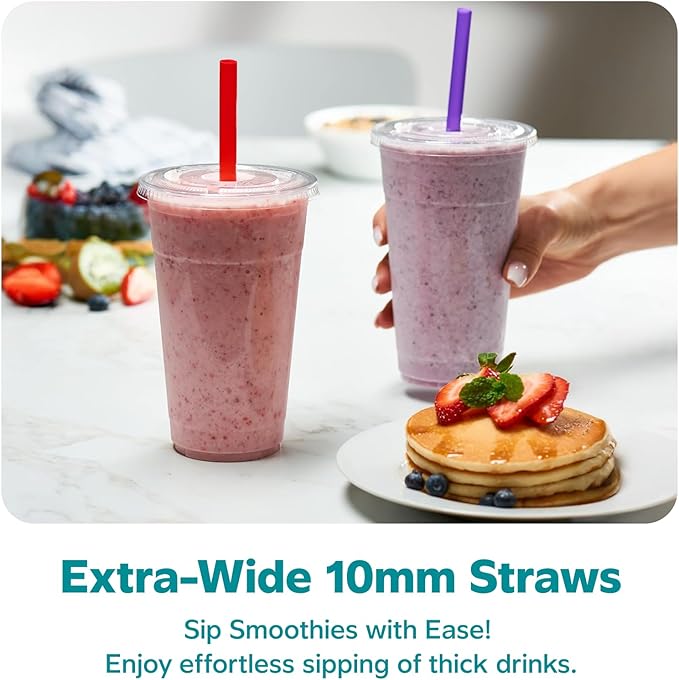 GUSTO [24 oz. - 100 Count Clear Cups with Flat Lids & Straws - Disposable Clear Drinking Cups for Iced Coffee, Cold Drinks, Milkshakes, and Smoothies - Formerly Comfy Package