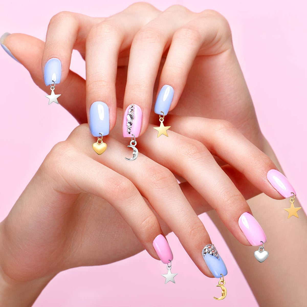 PAGOW 71 PCS Dangle Nail Art Charms, Nail Jewelry Rings with Nail Piercing Tool Hand Drill for Tips, Acrylic, Gels and Decorations