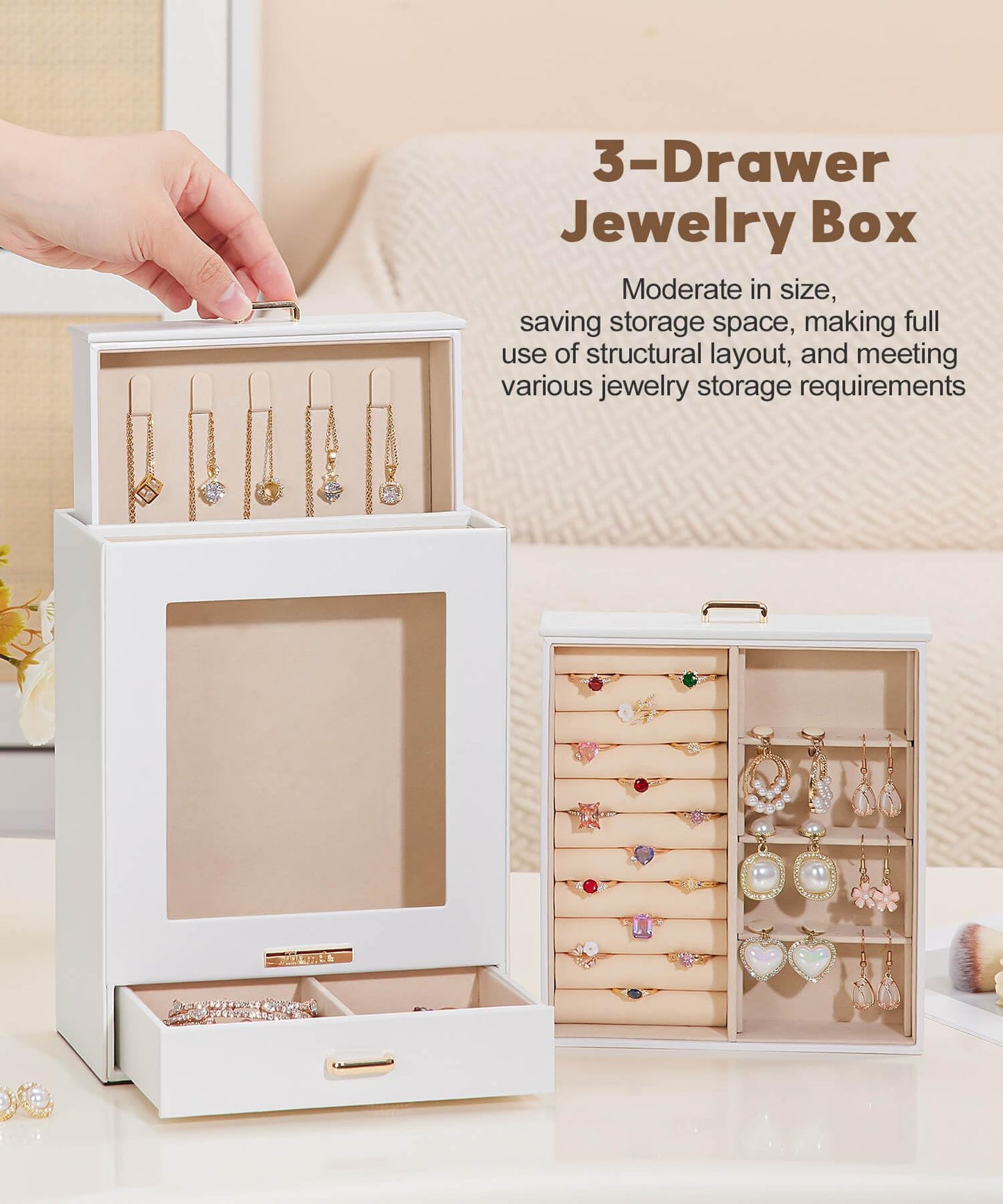 Homde Jewelry Organizer Girls Women Jewelry Box for Necklaces Rings Earrings Gift Bracelets Storage Case (White + Gold)