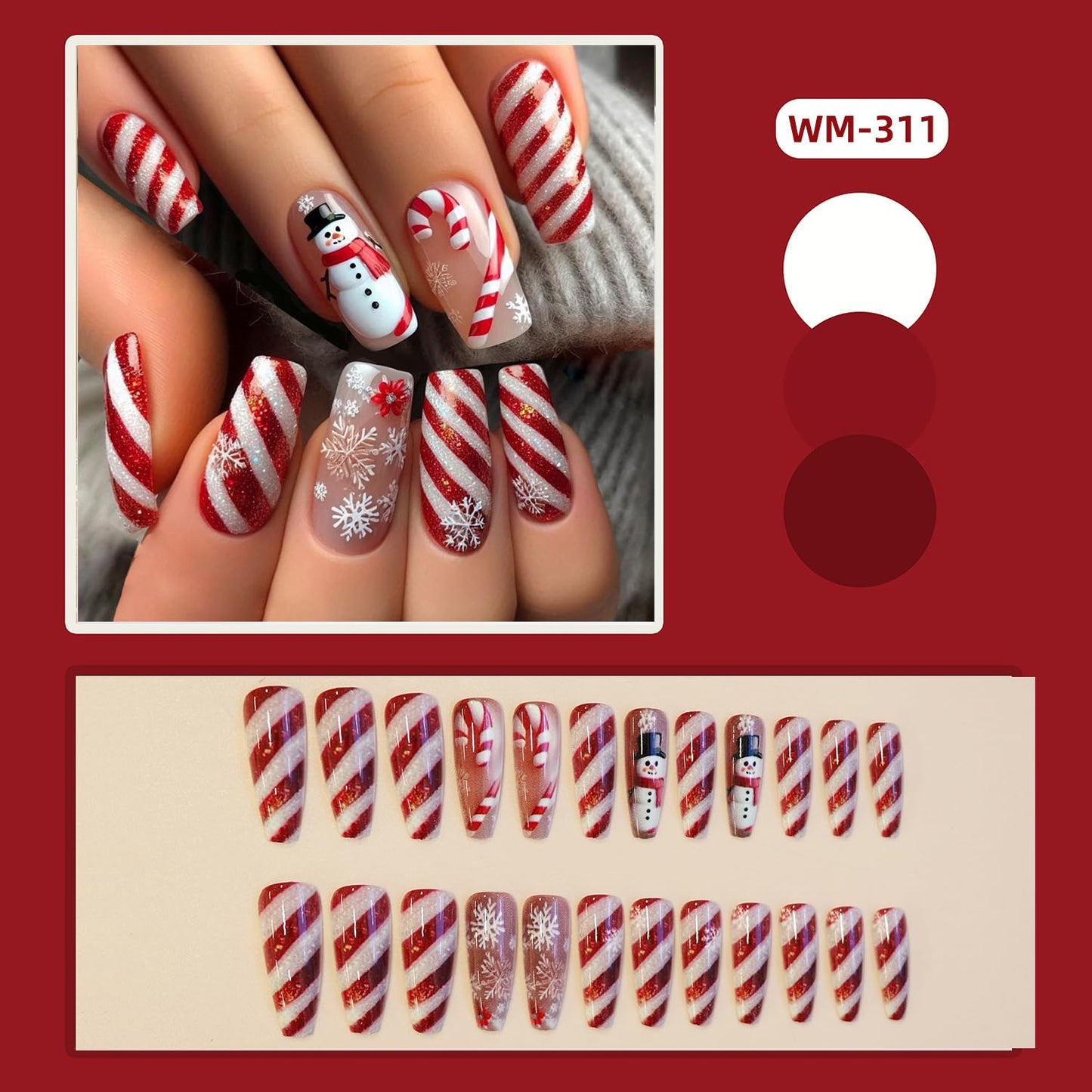 Christmas Press on Nail Long Long Coffin Fake Nails Red Sripe with Snowflake Snowman designs Cute False Nails Glossy Full Cover Winter Xmas Press ones Reusable Gel Glue on Nails for Women Holiday24pcs