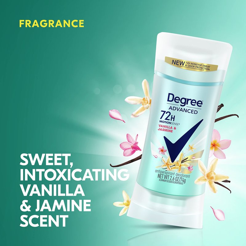 Degree Antiperspirant Deodorant 72-Hour Sweat and Odor Protection Vanilla and Jasmine Antiperspirant for Women with MotionSense Technology 2.6 oz 4 count