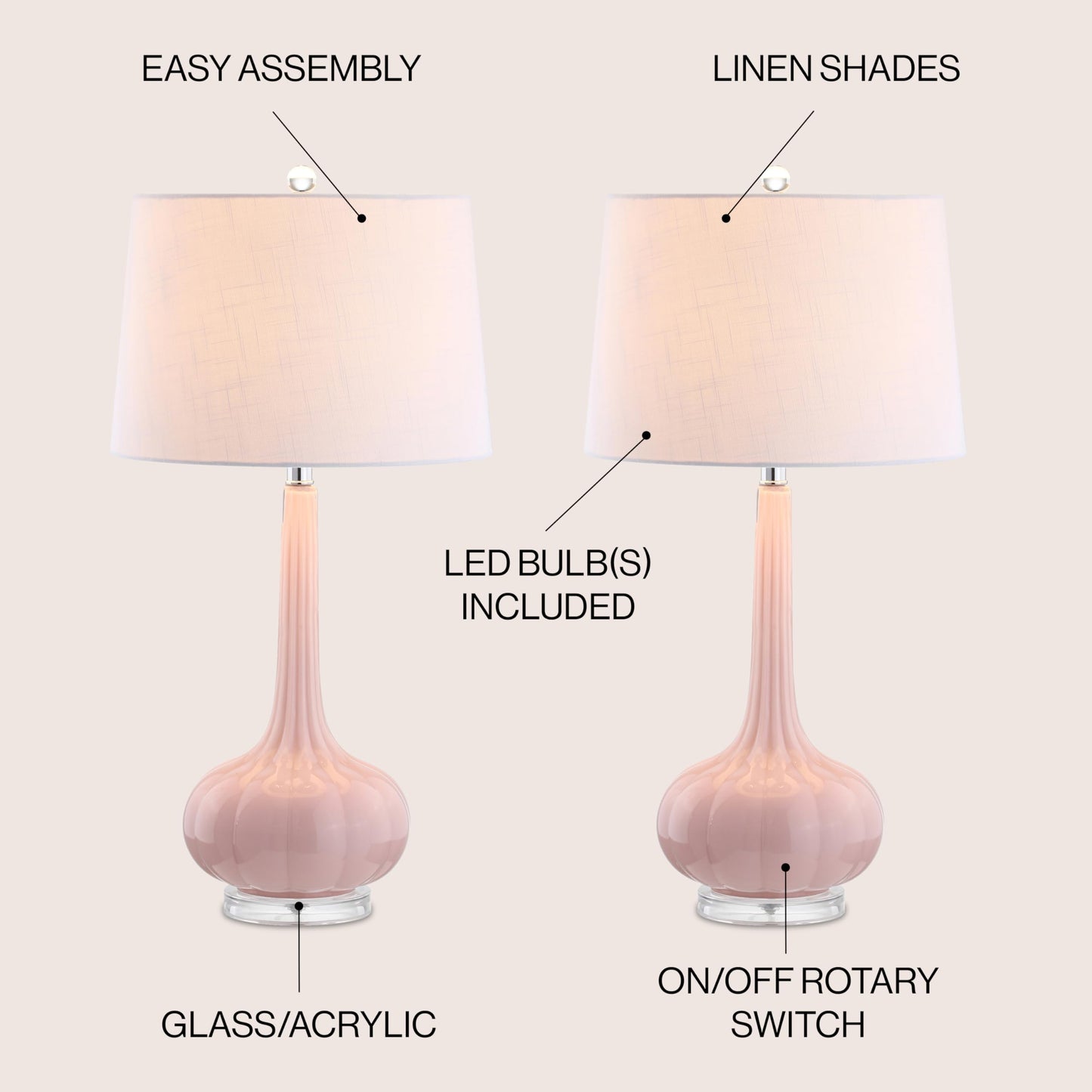 JONATHAN Y 28.5" Pink Glass Teardrop LED Table Lamp Set of 2 for Living Room Bedroom Nightstand, White Linen Shade Modern Transitional Bedside Desk Lamp JYL1079A-SET2