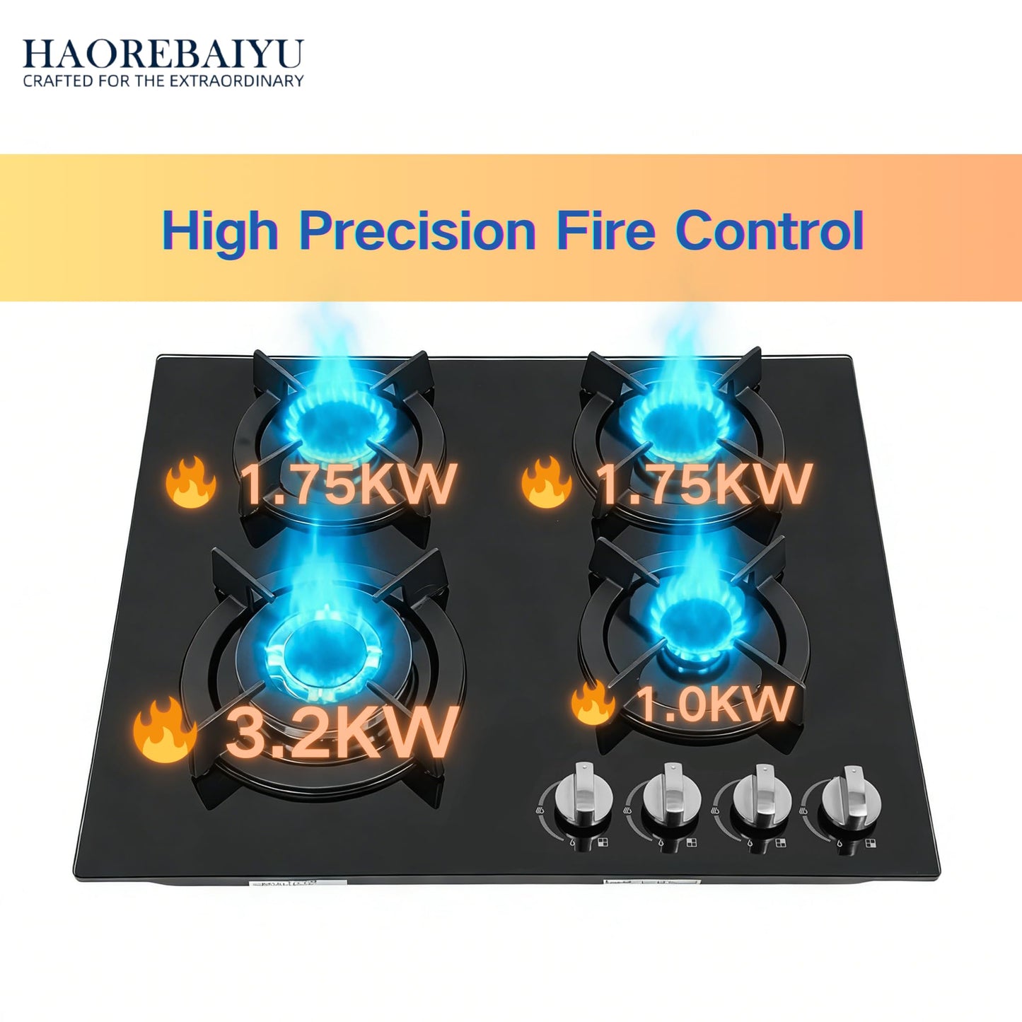 23Inch 4 Burner Built-In Lpg Gas Stovetop,Drop-In Gas Hob with Independent Control Knobs&Backfire Protection,Black Tempered GlassGas Cooktop