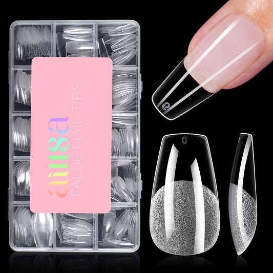 AILLSA Medium Coffin Nail Tips - Full Cover Half Matte Nail Tips 240pcs Pre-filed False Nails Tips, Press on Acrylic Nails for Manicure