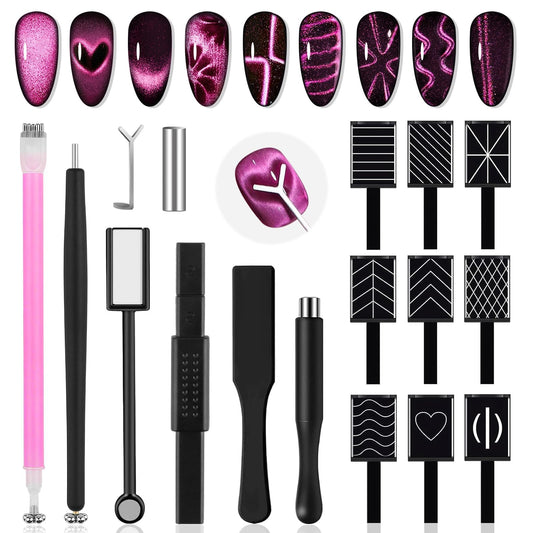 EBANKU Cat Eye Magnetic for Nails, 17PCS Cat Eye Gel Nail Polish Magnet Tools Powerful Set Wand Magnet for Nail Polish Square Round Y Shaped Heart Magnet Stick Diverse Glassy Cateye Effect