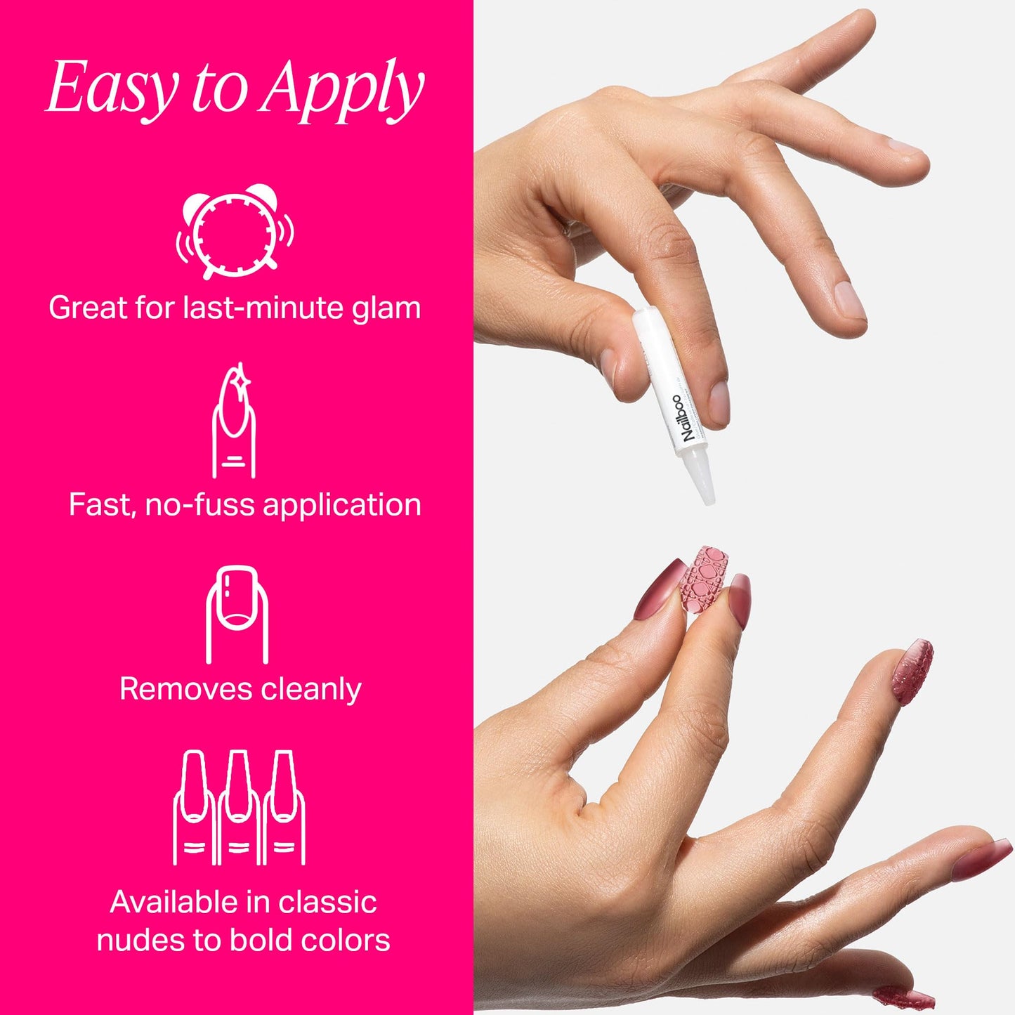 Nailboo Press On Nails, Salon-Quality Reusable Fake Nails for Fast DIY Manicure with Strong Hold Nail Glue for Press Ons, Nail File, & Alcohol Prep Pads, Queen Supreme