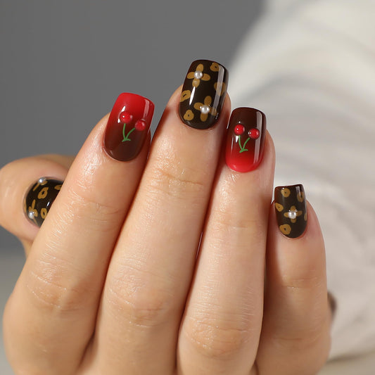 PILOLO Press On Nails Leopard Print, Almond Acrylic Press On Nails, Cheetah Print Fake Nails Glue On, Medium Full Cover Reusable Stick On False Nail Tips for Women Girls (Cherry Vintage)