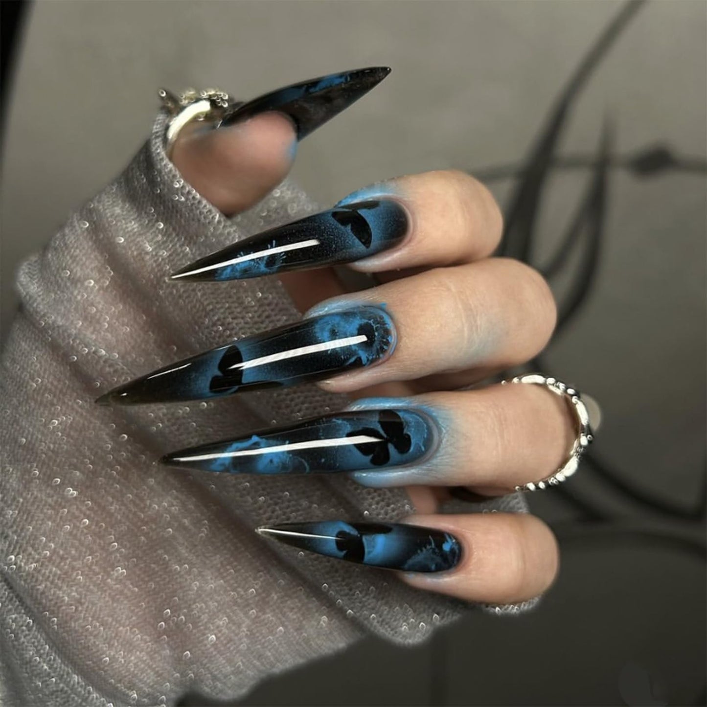 IMRAIN Long Press on Nails Stiletto Fake Nails Black Ombre False Nails with Dark Blue Butterfly Designs Full Cover Acrylic Glossy Nail Supplies Glue on Nails DIY Nail Art 24Pcs