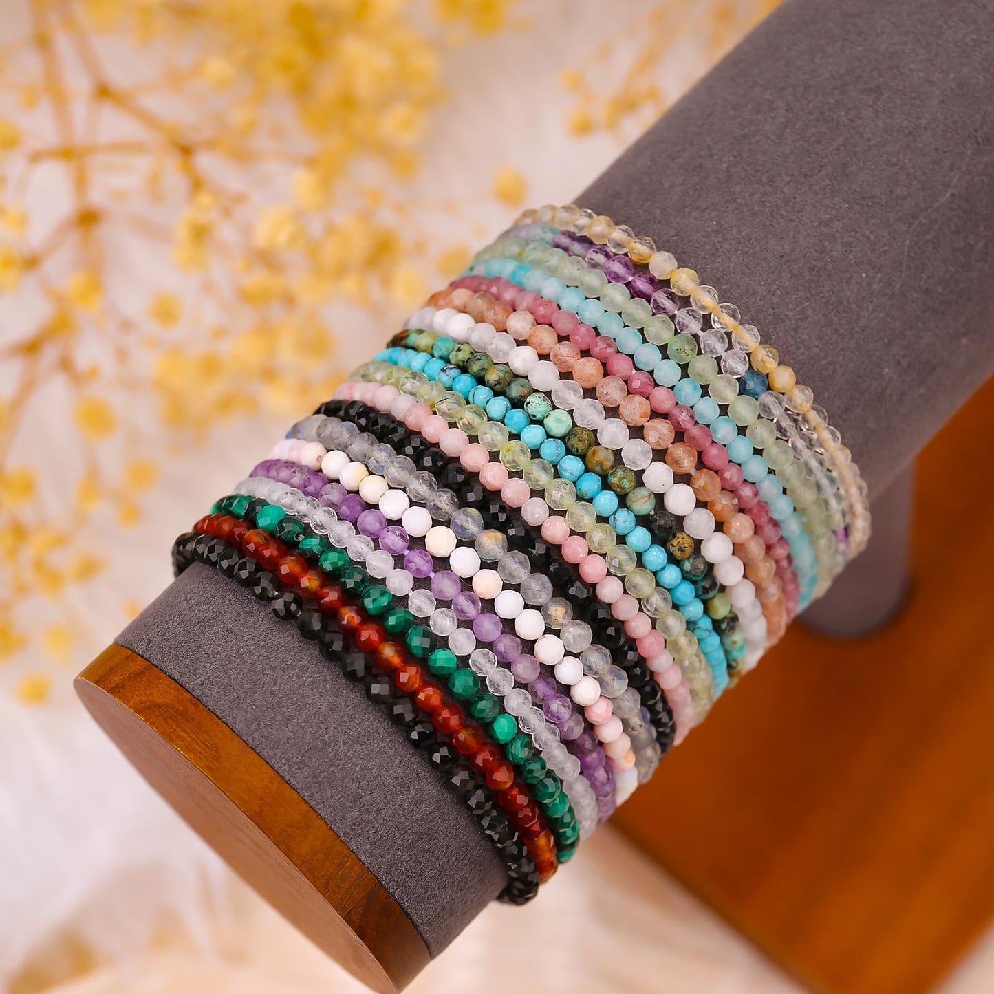 BONNY BOXX Natural Genuine Gemstone Faceted Round Beads Bracelets, 3mm Adjustable Stretchy Tiny Faceted African Turquoise Bracelet, Healing Crystal Reiki Chakra Dainty Jewelry Fashion Gifts