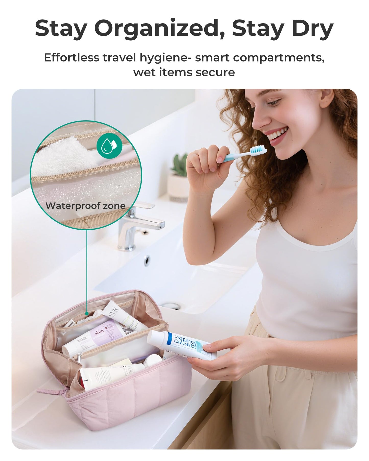 BAGSMART Travel Makeup Bag for Women, Portable Water-resistant Cosmetic Case, Puffy Padded Make Up Organizer Pouch, Open Flat Toiletry Bag for Toiletries, Brushes, Light Beige