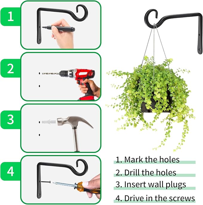 MOWPOG Plant Hangers Outdoor, 2 Pack 6 Inch Hanging Plant Bracket, Metal Hanging Plant Hooks, Wall Hooks for Hanging Plants, Bird Feeder, Flower Basket, Wind Chimes, Indoor Outdoor (Black)