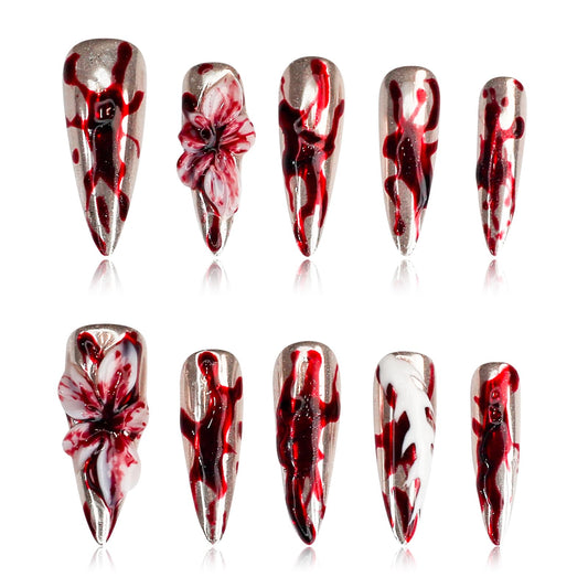 Yacey Halloween Handmade Press on Nails Long Stiletto, Reusable Muti-Gel False Nails Press Ons, Horror Blood Design Thick Acrylic Fake Nails, 3D Flower Glossy Glue on Nails for Women Girls (10 Pcs, S)